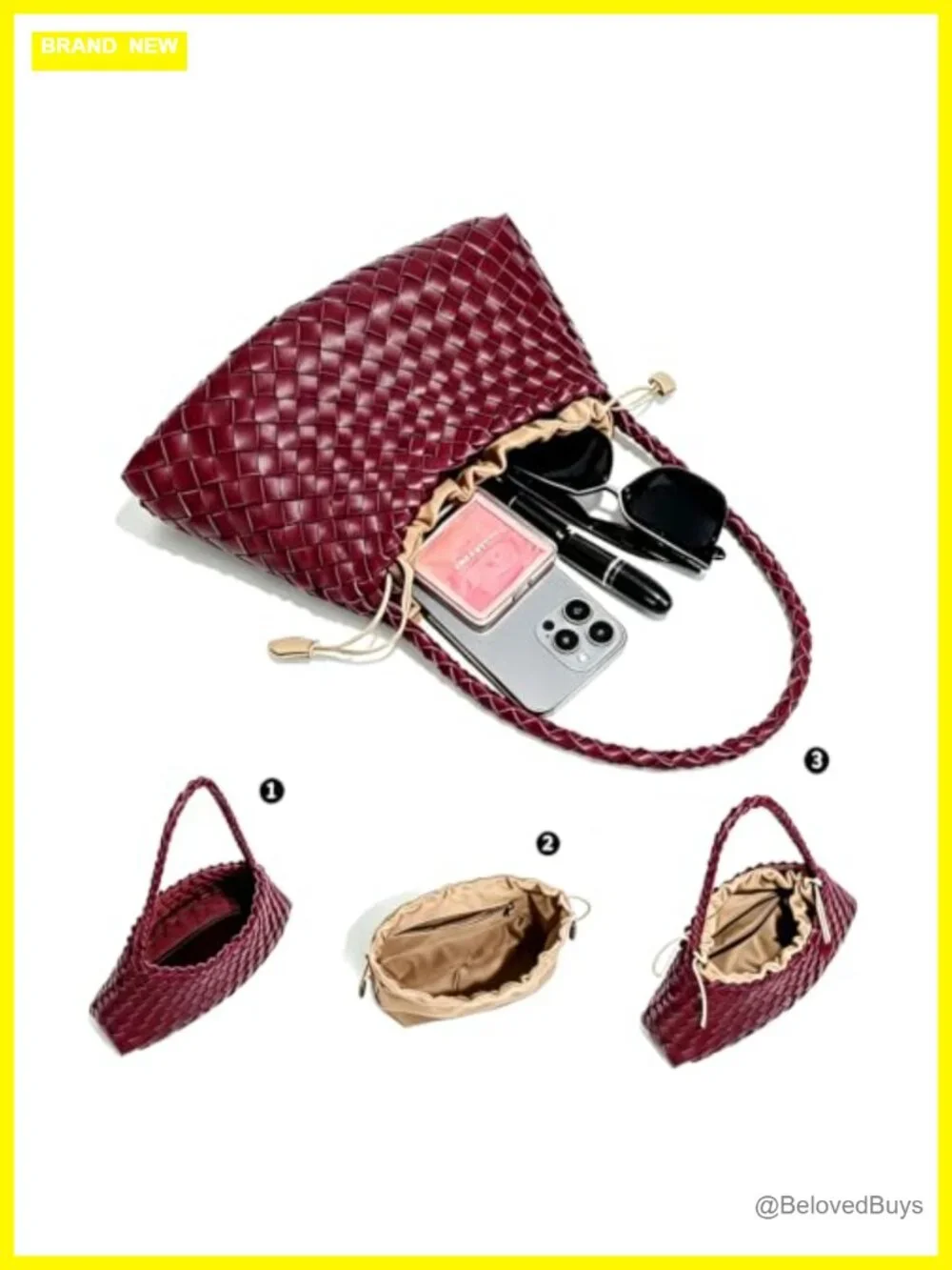 Vintage Faux Leather Hand-Woven Shoulder Hobo Bag with Detachable Drawstring